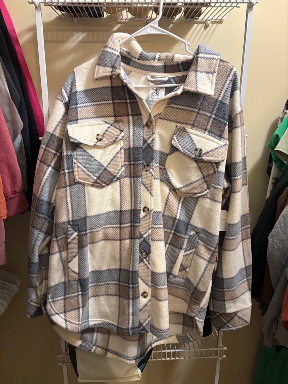 Altar'd State Plaid Button-Front Shacket in Cream, Gray & Brown